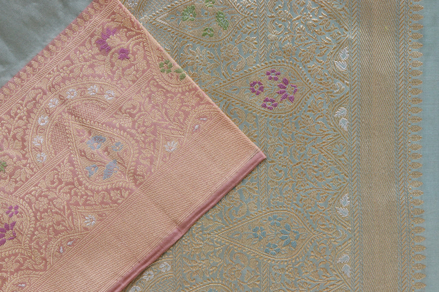 Tissue silk texture of Sea Green & Pink Kadiyal saree