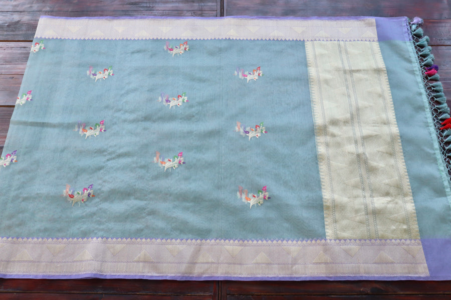 Grey Leaf Motif Pure Kora Silk Banarasi Dupatta | Stuti Weaves