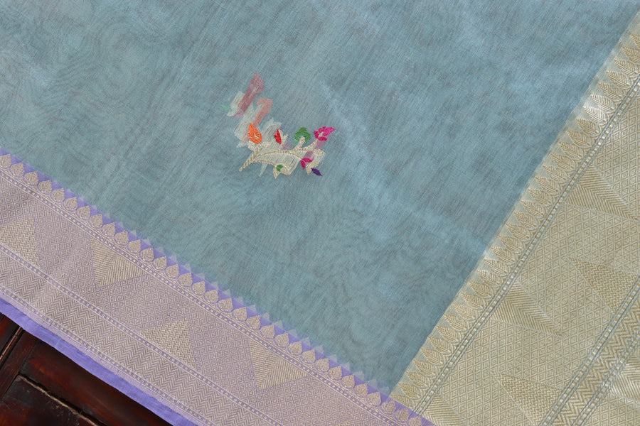 Grey Leaf Motif Pure Kora Silk Banarasi Dupatta | Stuti Weaves