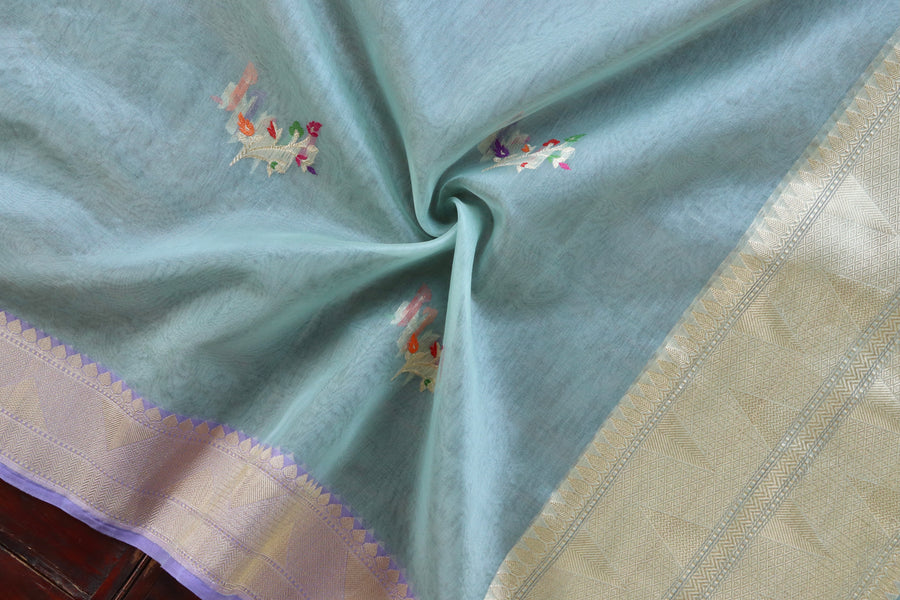 Grey Leaf Motif Pure Kora Silk Banarasi Dupatta | Stuti Weaves