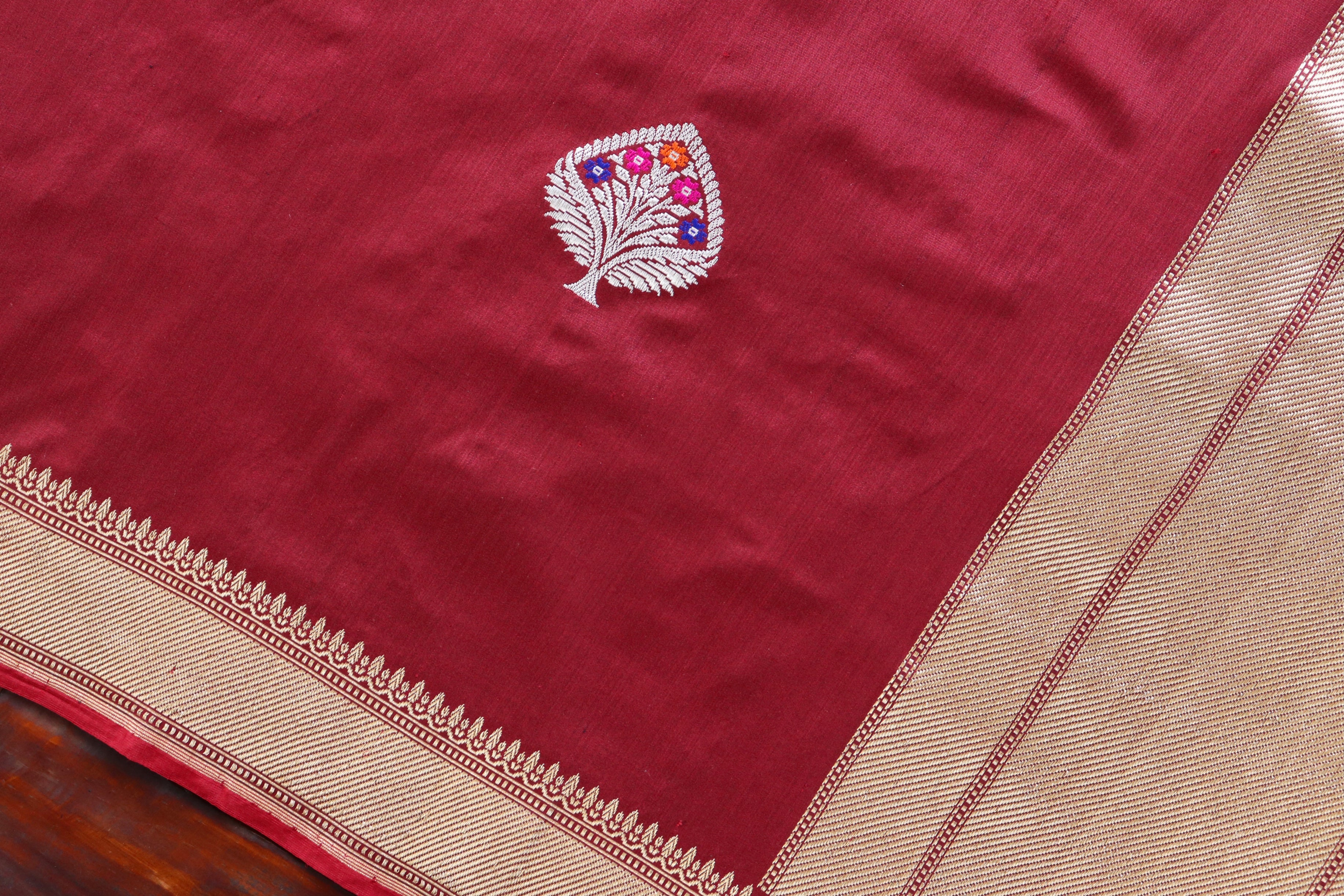 Maroon Leaf Motif Pure Silk Handloom Banarasi Dupatta