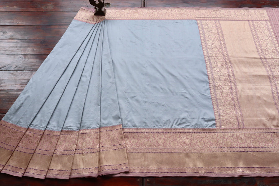 Grey & Pink Kadiyal Pure Katan Silk Banarasi Saree | Stuti Weaves