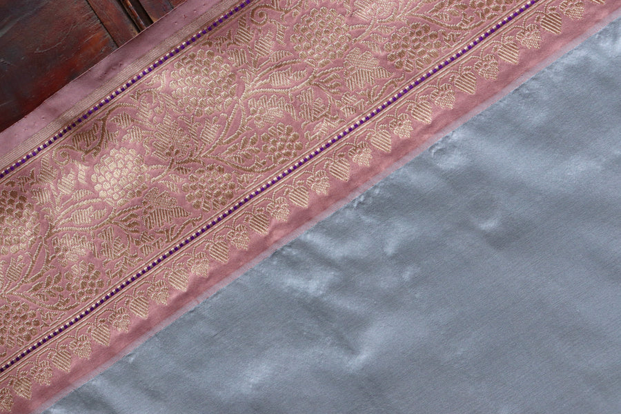 Grey & Pink Kadiyal Pure Katan Silk Banarasi Saree | Stuti Weaves