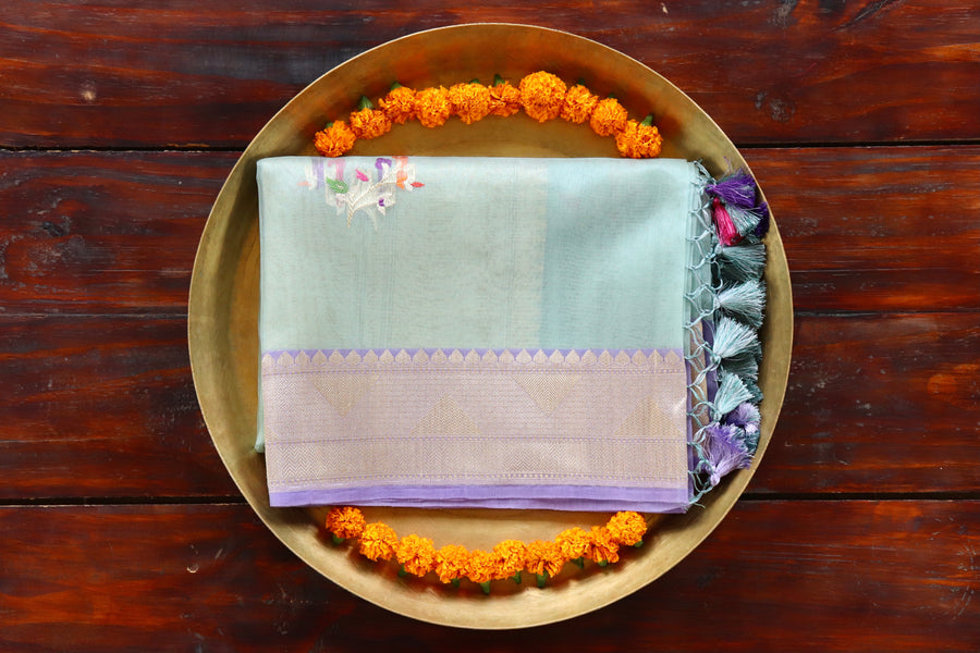 Grey Leaf Motif Pure Kora Silk Banarasi Dupatta | Stuti Weaves