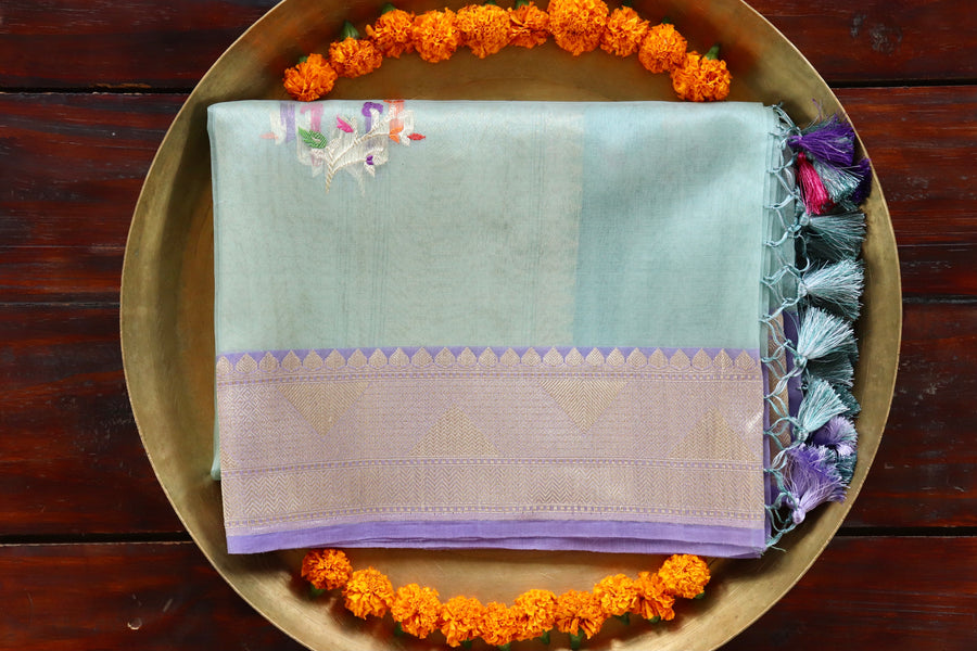Grey Leaf Motif Pure Kora Silk Banarasi Dupatta | Stuti Weaves