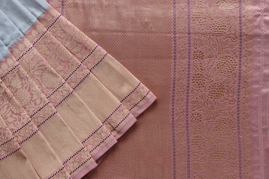 Grey & Pink Kadiyal Pure Katan Silk Banarasi Saree | Stuti Weaves