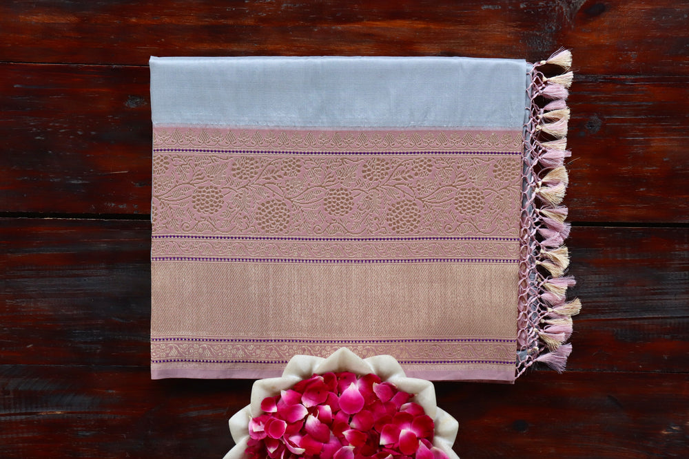 Grey handloom Banarsi saree with kadiyal motifs in pure Katan silk