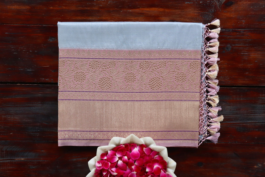 Grey handloom Banarsi saree with kadiyal motifs in pure Katan silk