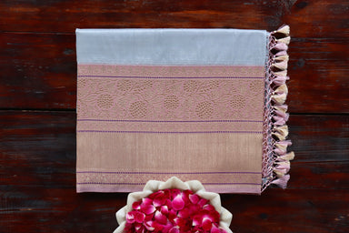 Grey handloom Banarsi saree with kadiyal motifs in pure Katan silk