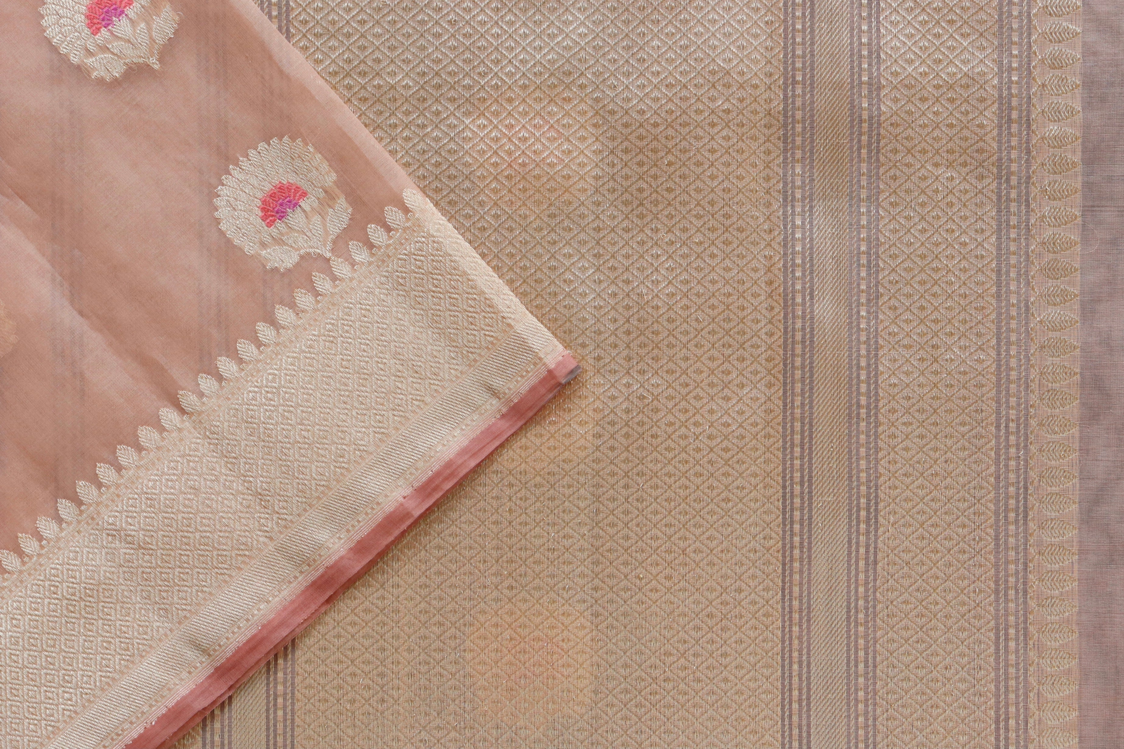 Peach Genda Motif Pure Silk Handloom Banarasi Saree