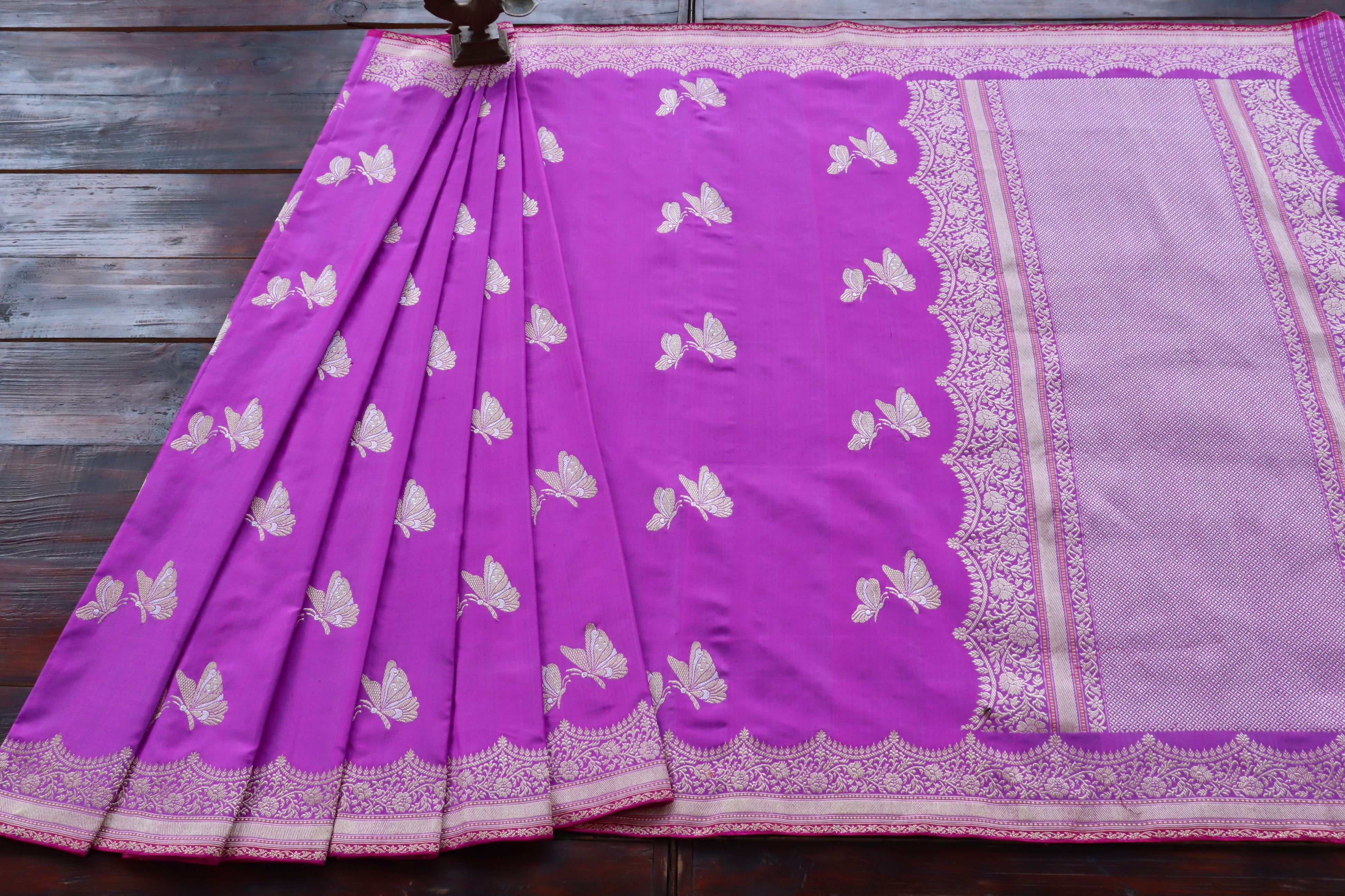 Violet Butterfly Motif Pure Silk Handloom Banarasi Saree