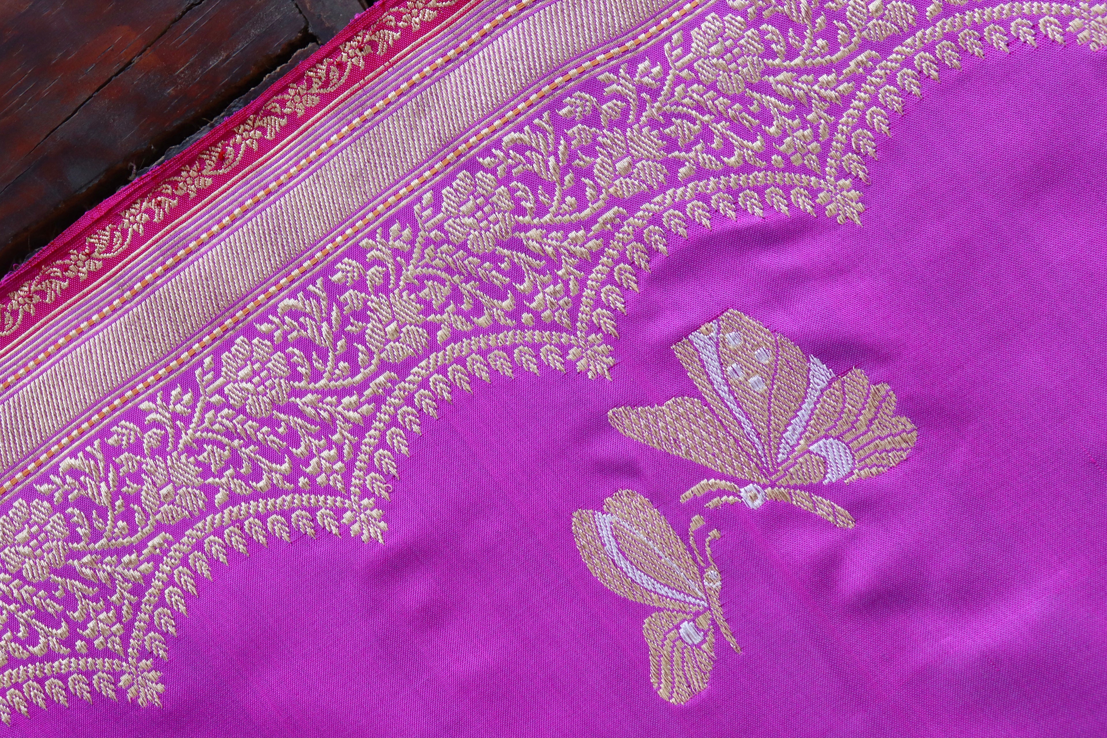 Violet Butterfly Motif Pure Silk Handloom Banarasi Saree