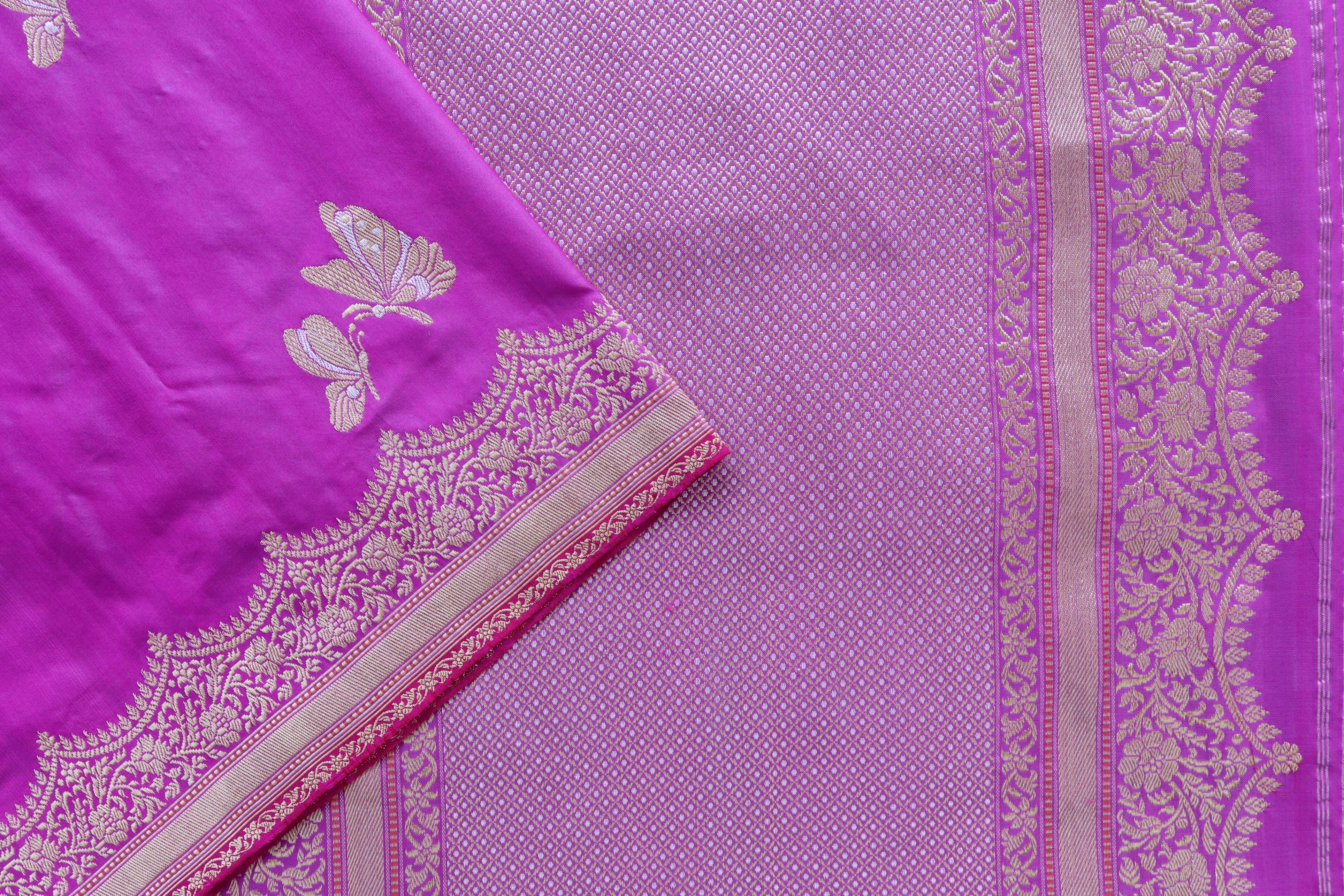 Violet Butterfly Motif Pure Silk Handloom Banarasi Saree