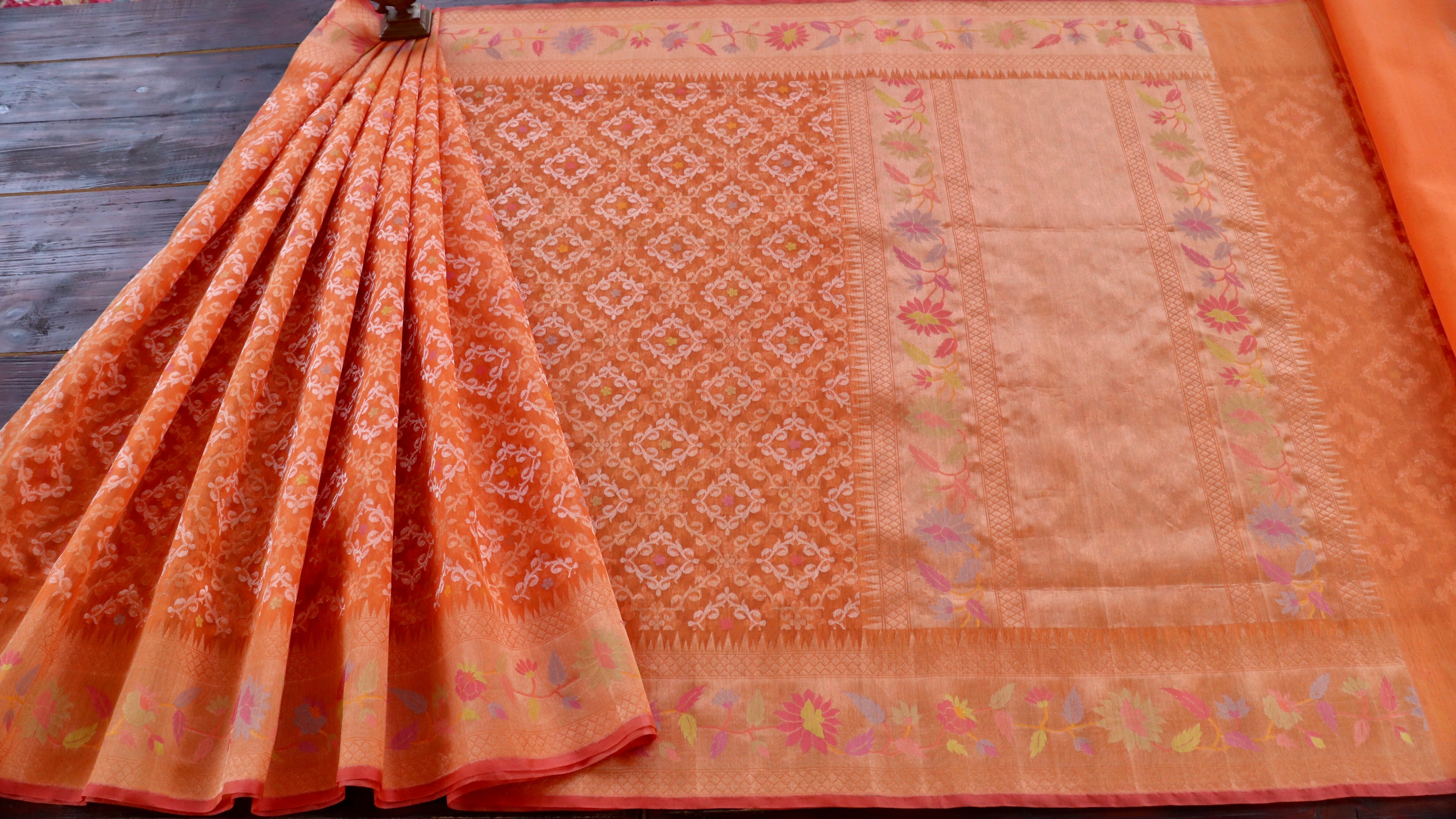 Bright Orange Kadhua Pure Kora Silk Handloom Banarasi Saree