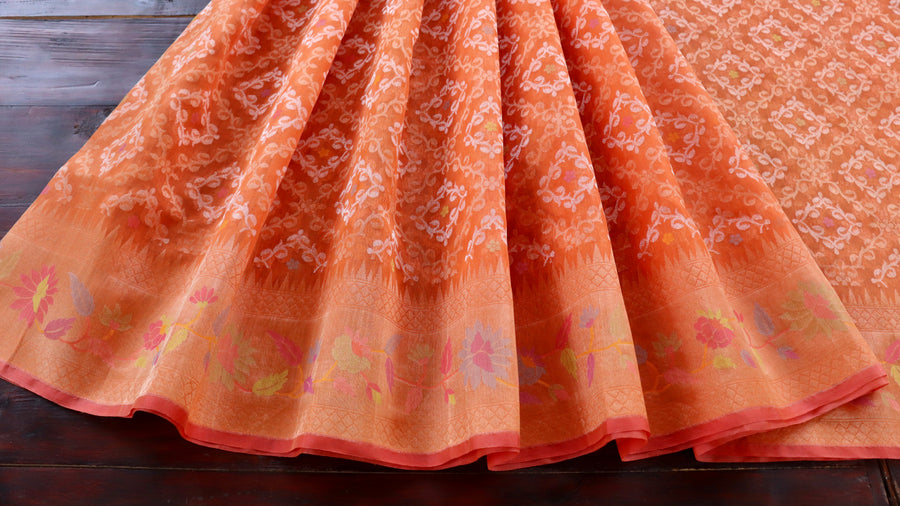 Kadhua motif on Bright Orange Kora Banarasi saree