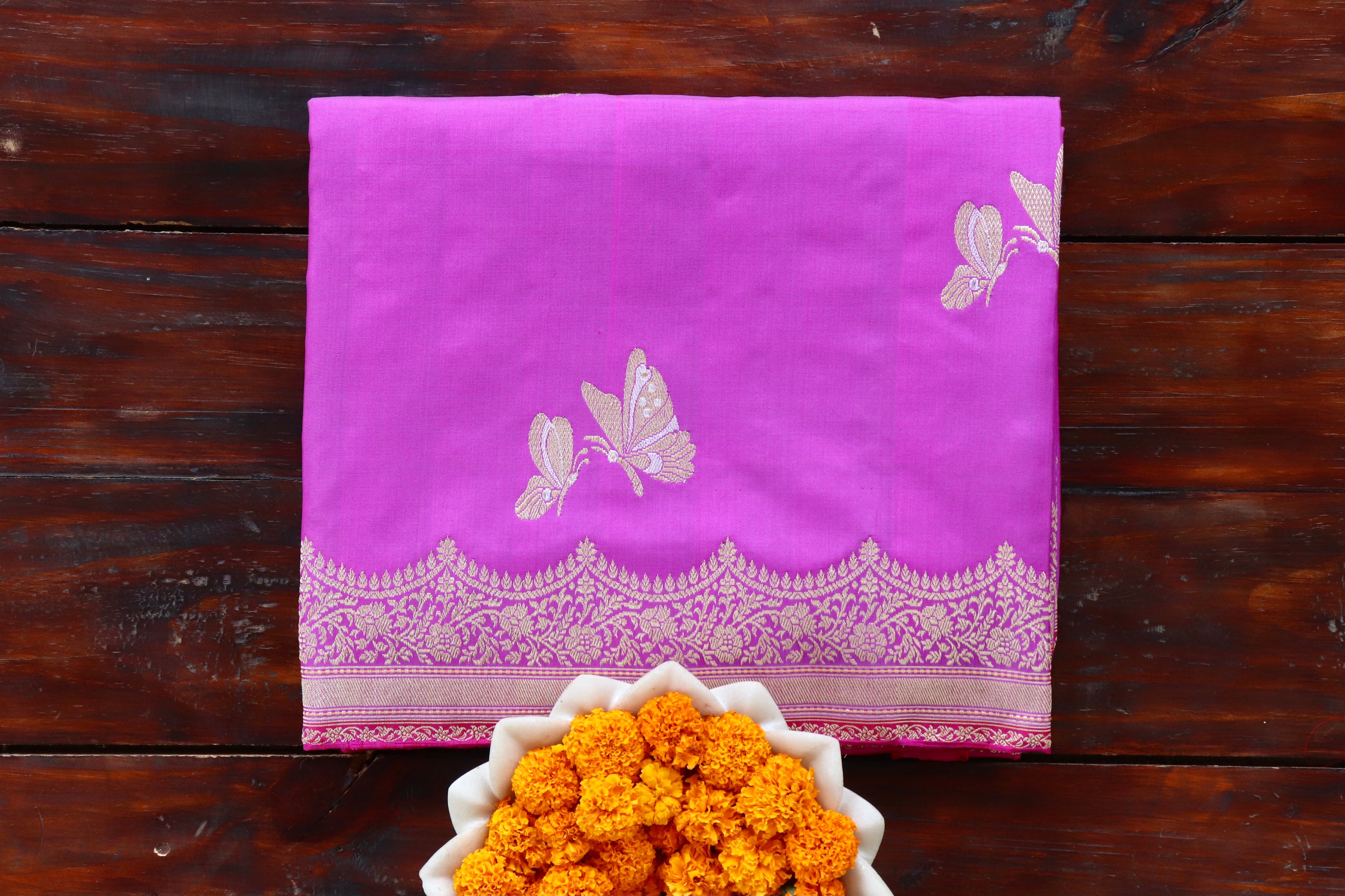 Violet Butterfly Motif Pure Silk Handloom Banarasi Saree