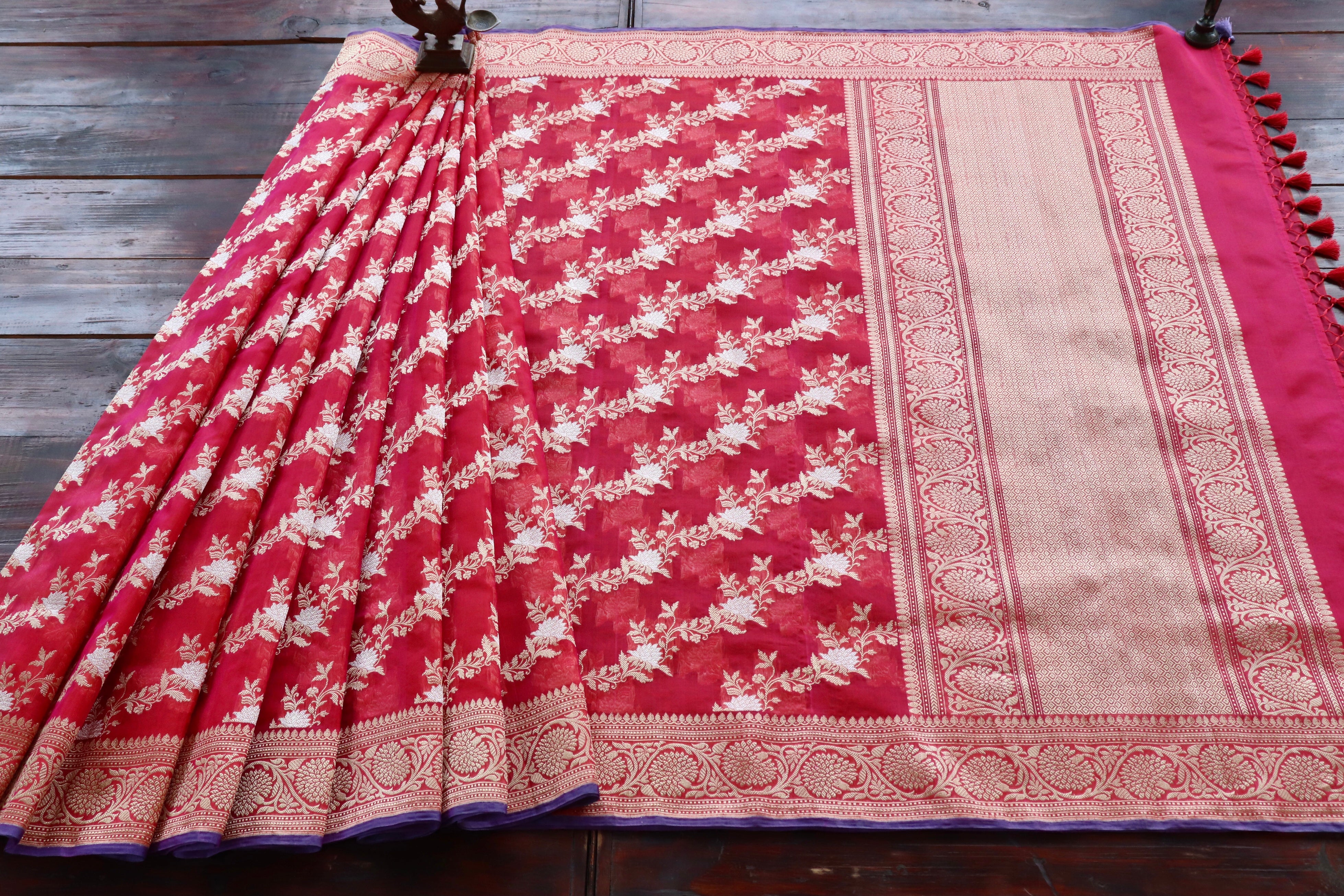 Red Jamal Jangla Pure Kora Silk Handloom Banarasi Saree