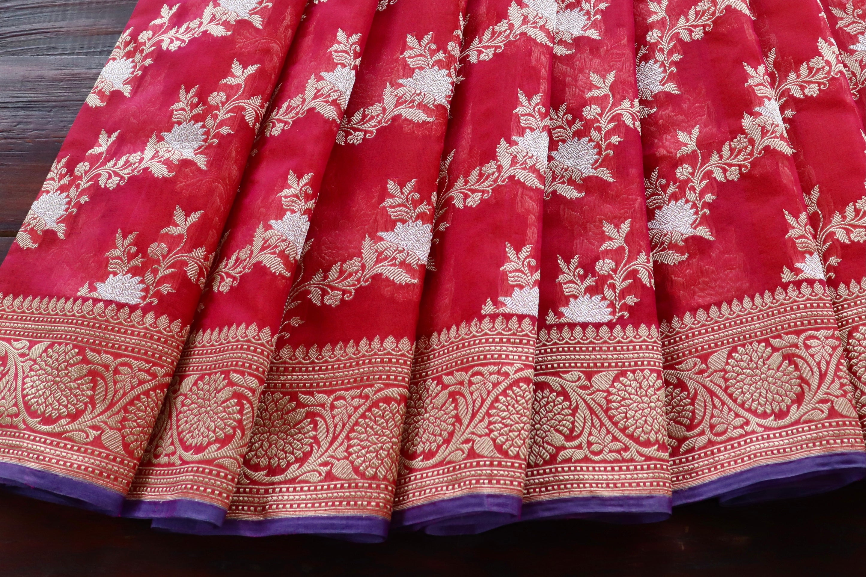 Red Jamal Jangla Pure Kora Silk Handloom Banarasi Saree