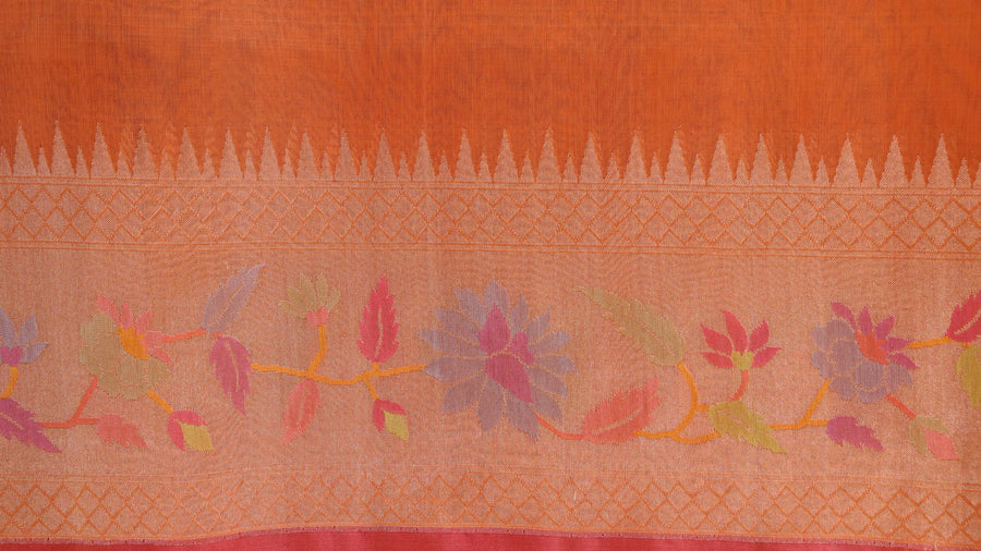Full drape of Bright Orange Kadhua pure Kora silk Banarasi saree