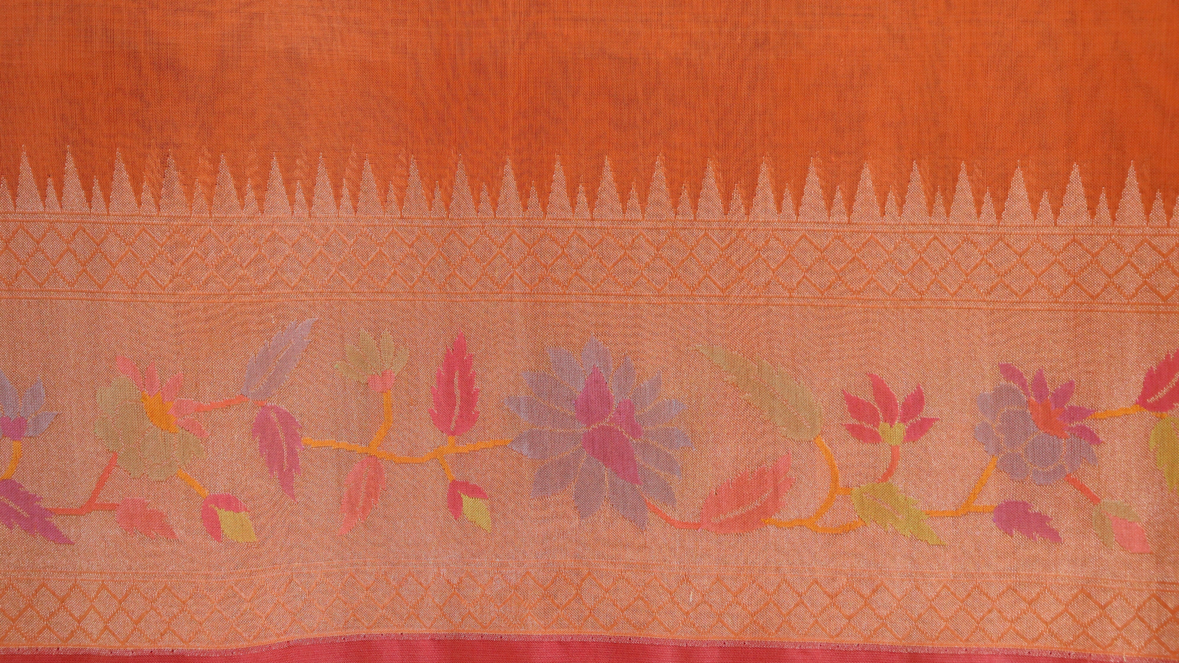 Bright Orange Kadhua Pure Kora Silk Handloom Banarasi Saree