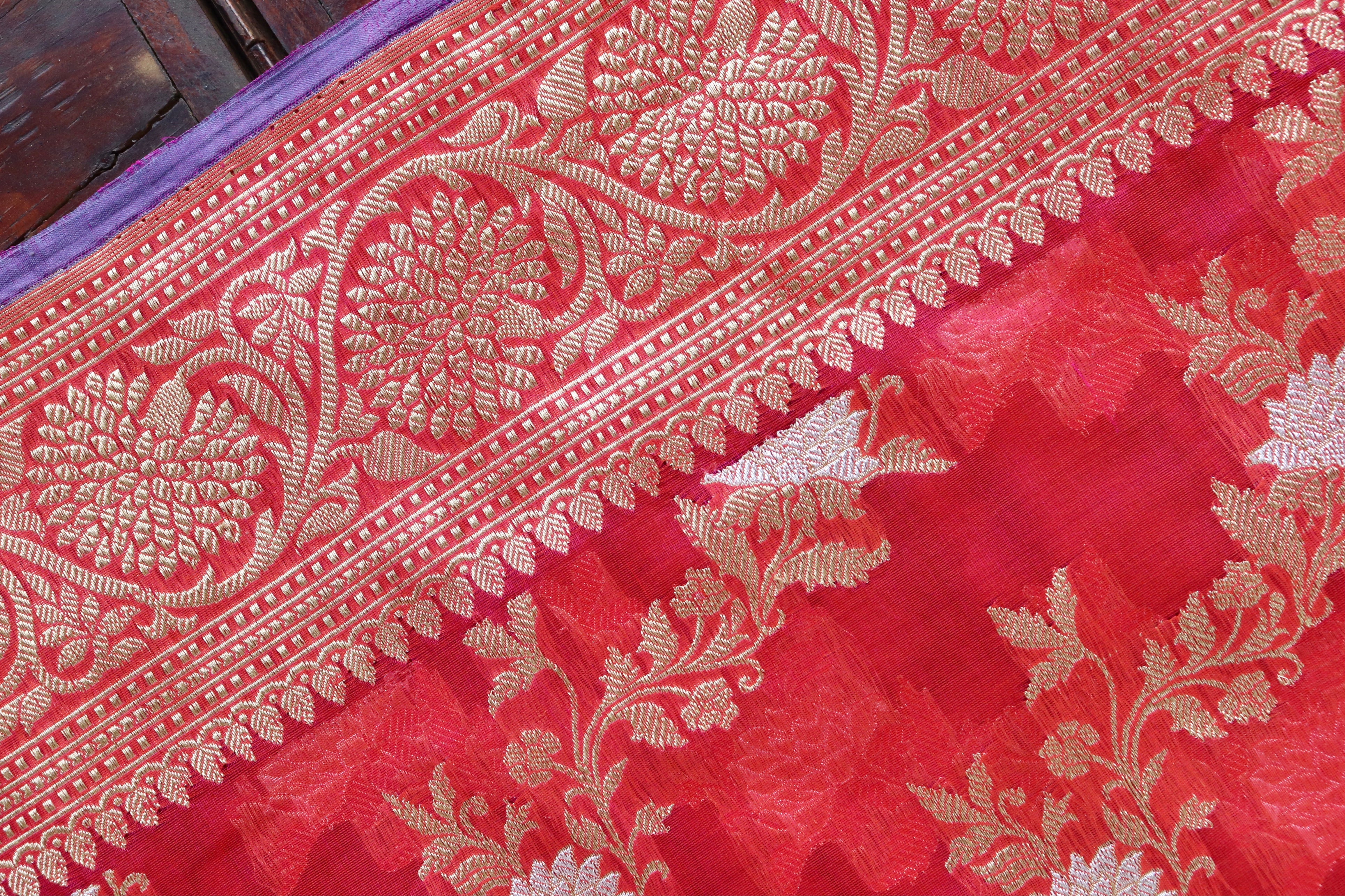 Red Jamal Jangla Pure Kora Silk Handloom Banarasi Saree