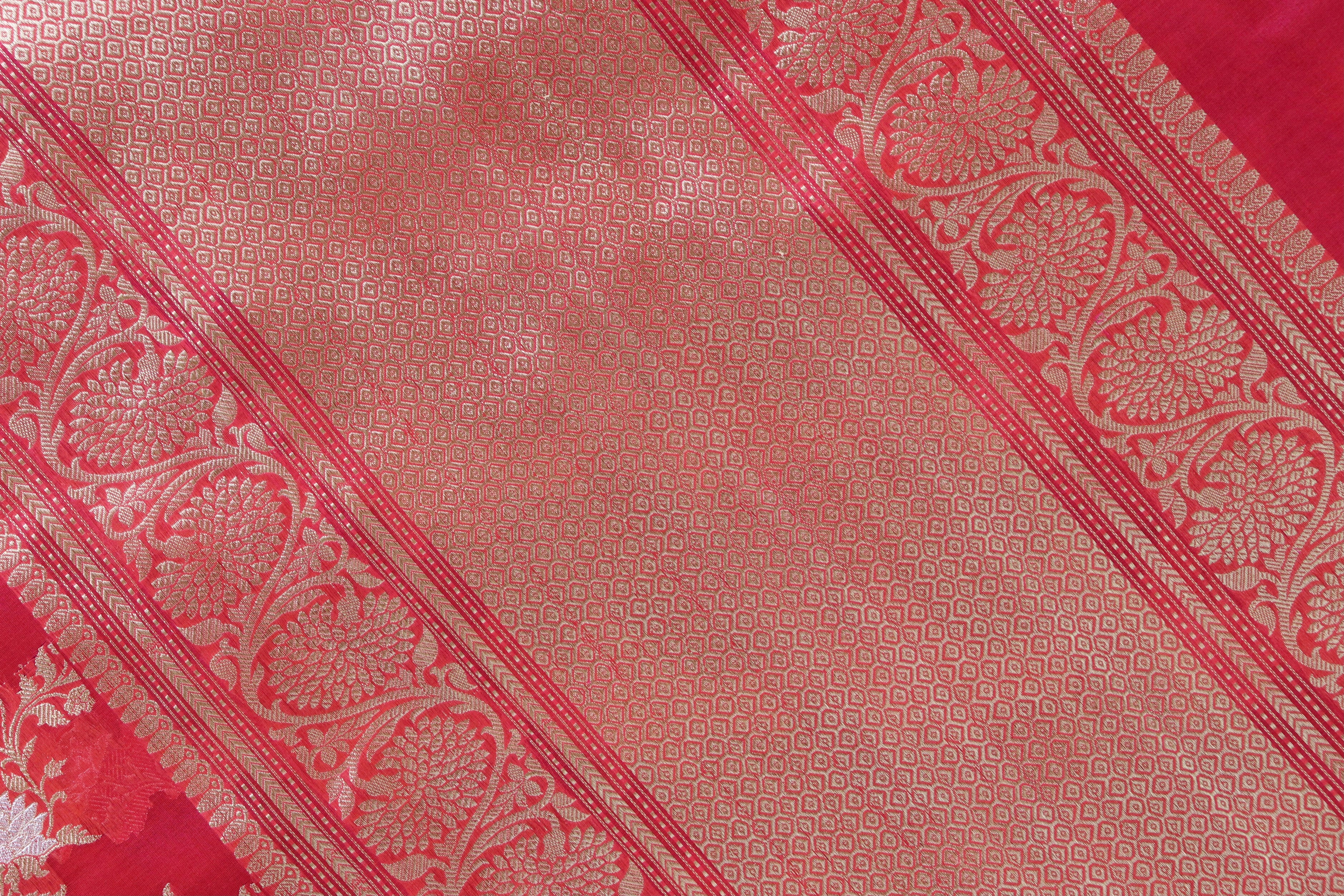 Red Jamal Jangla Pure Kora Silk Handloom Banarasi Saree