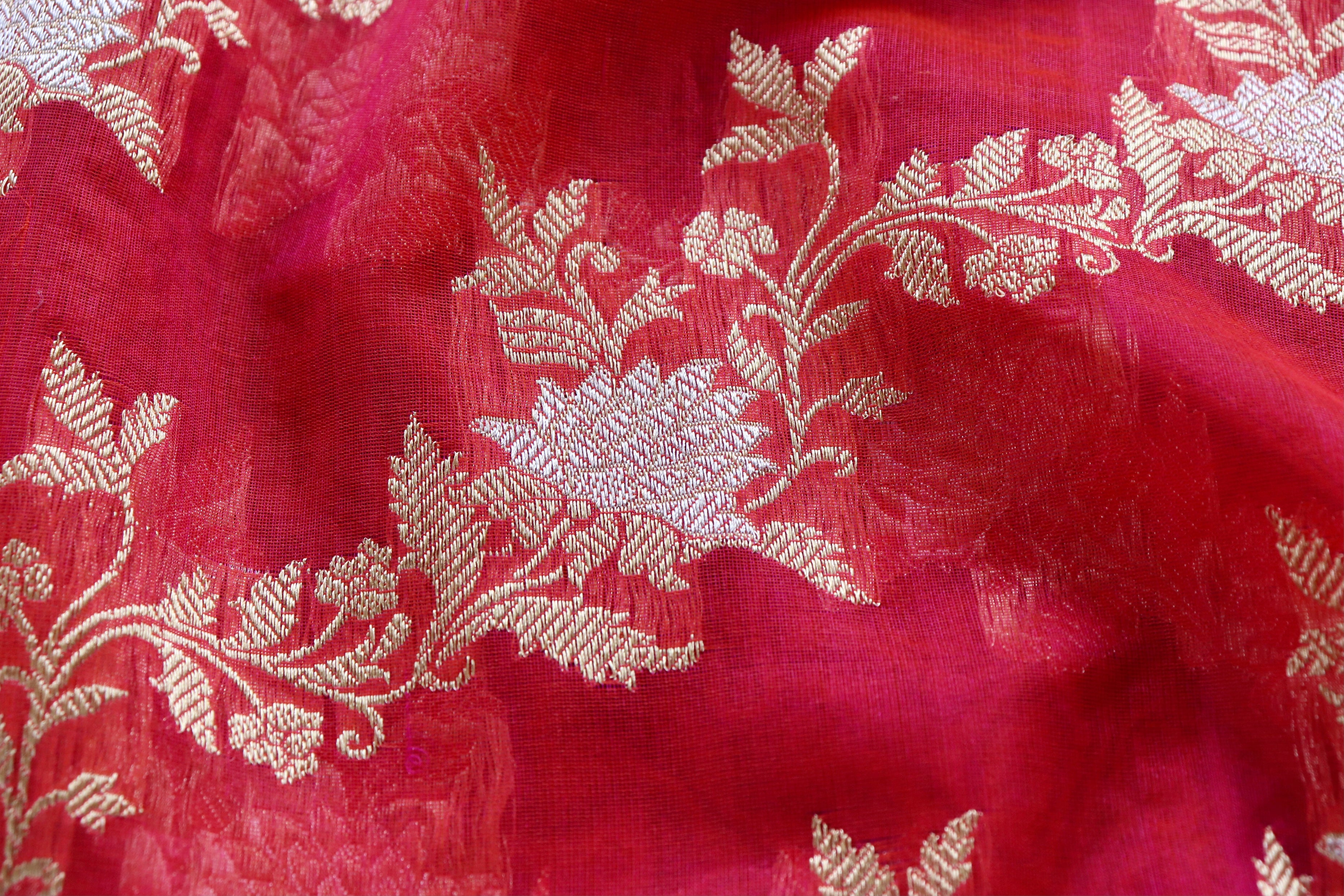 Red Jamal Jangla Pure Kora Silk Handloom Banarasi Saree