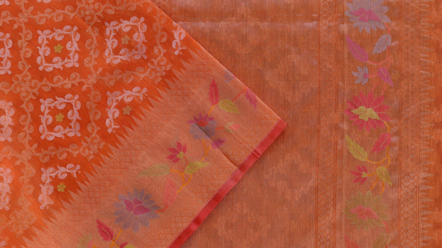 Pleat detail of Bright Orange Kadhua Kora saree