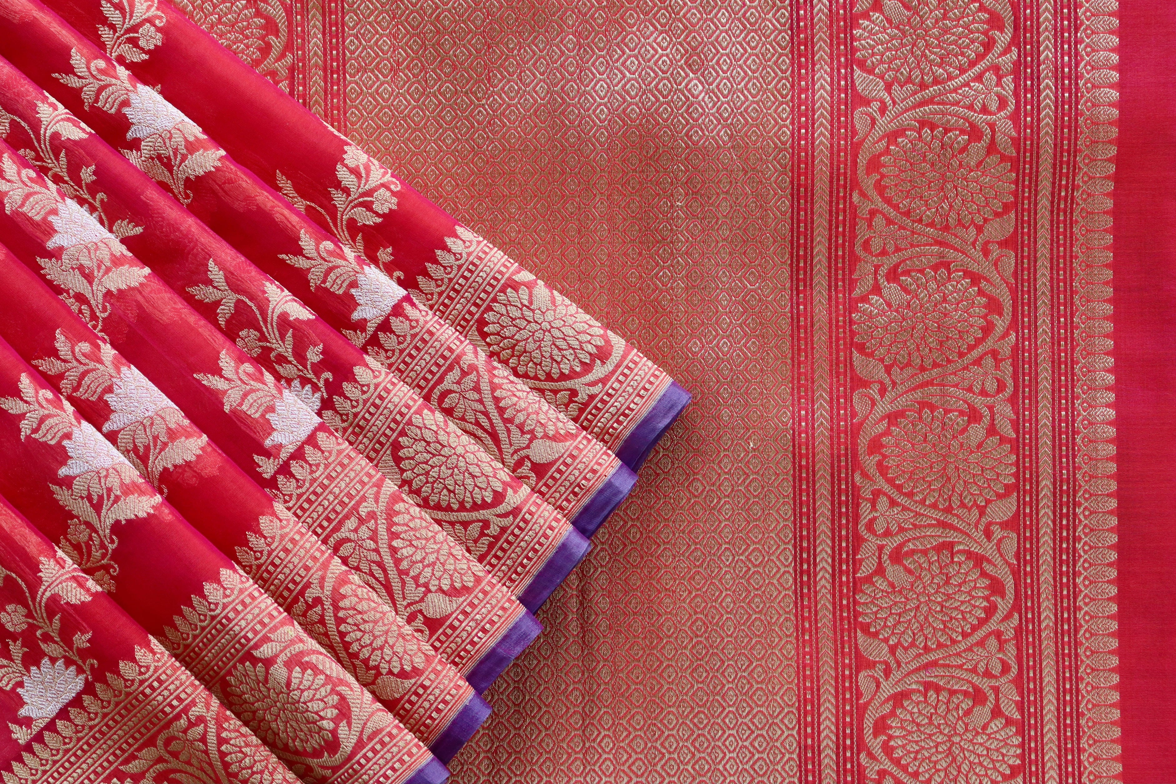 Red Jamal Jangla Pure Kora Silk Handloom Banarasi Saree