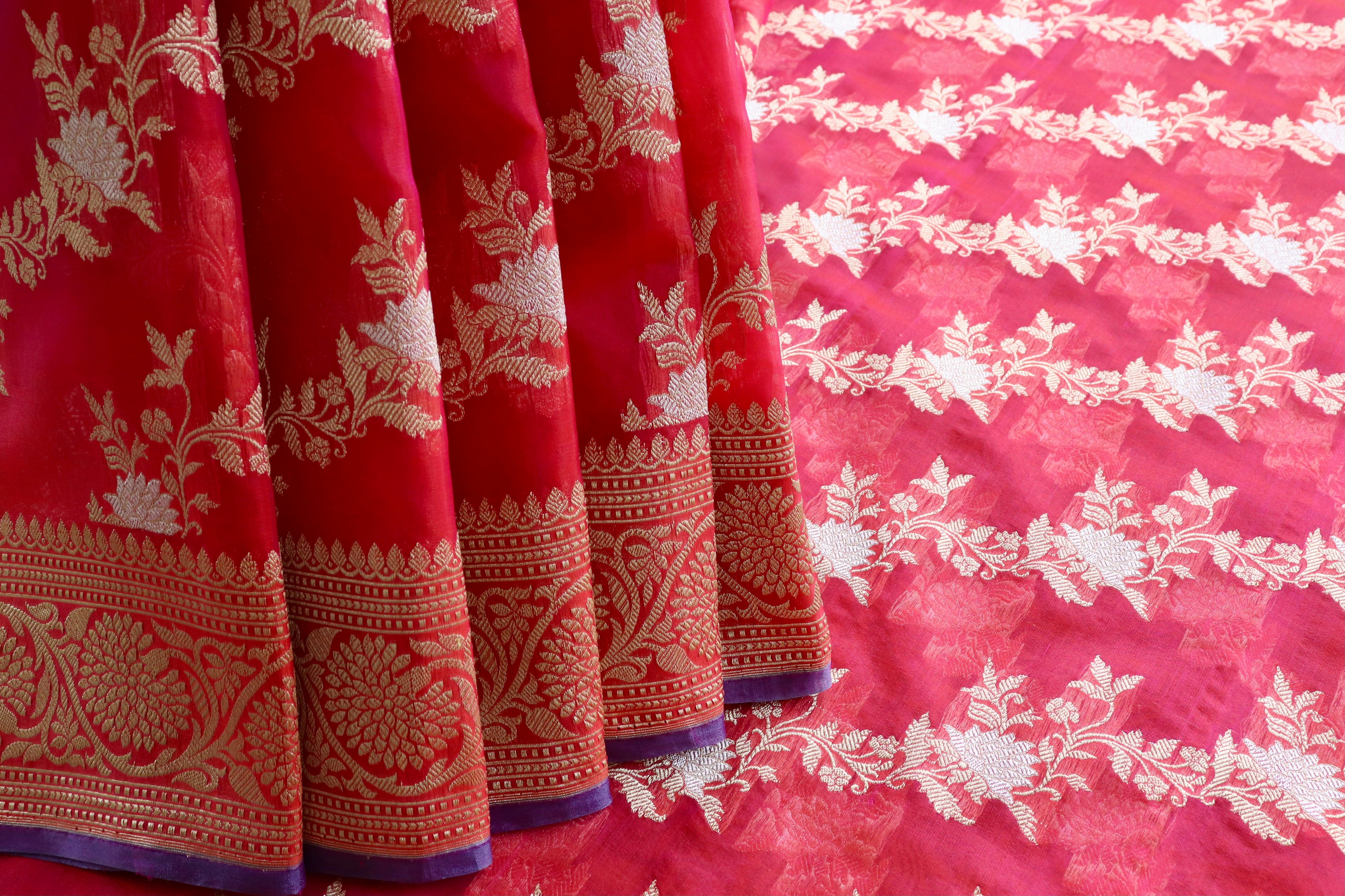 Red Jamal Jangla Pure Kora Silk Handloom Banarasi Saree