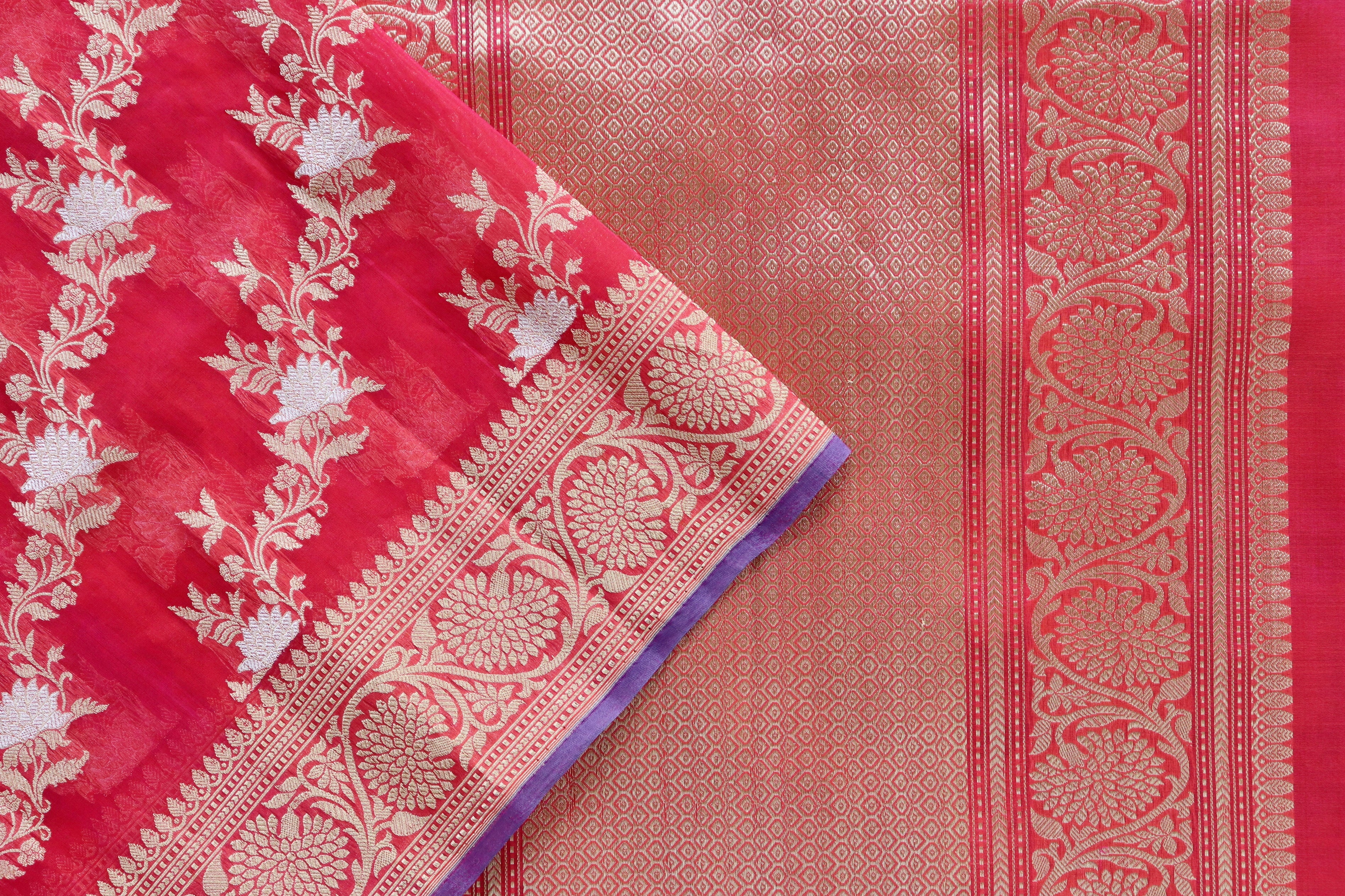 Red Jamal Jangla Pure Kora Silk Handloom Banarasi Saree