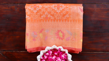 Orange handloom Banarsi saree with kadhua motifs in pure Kora silk