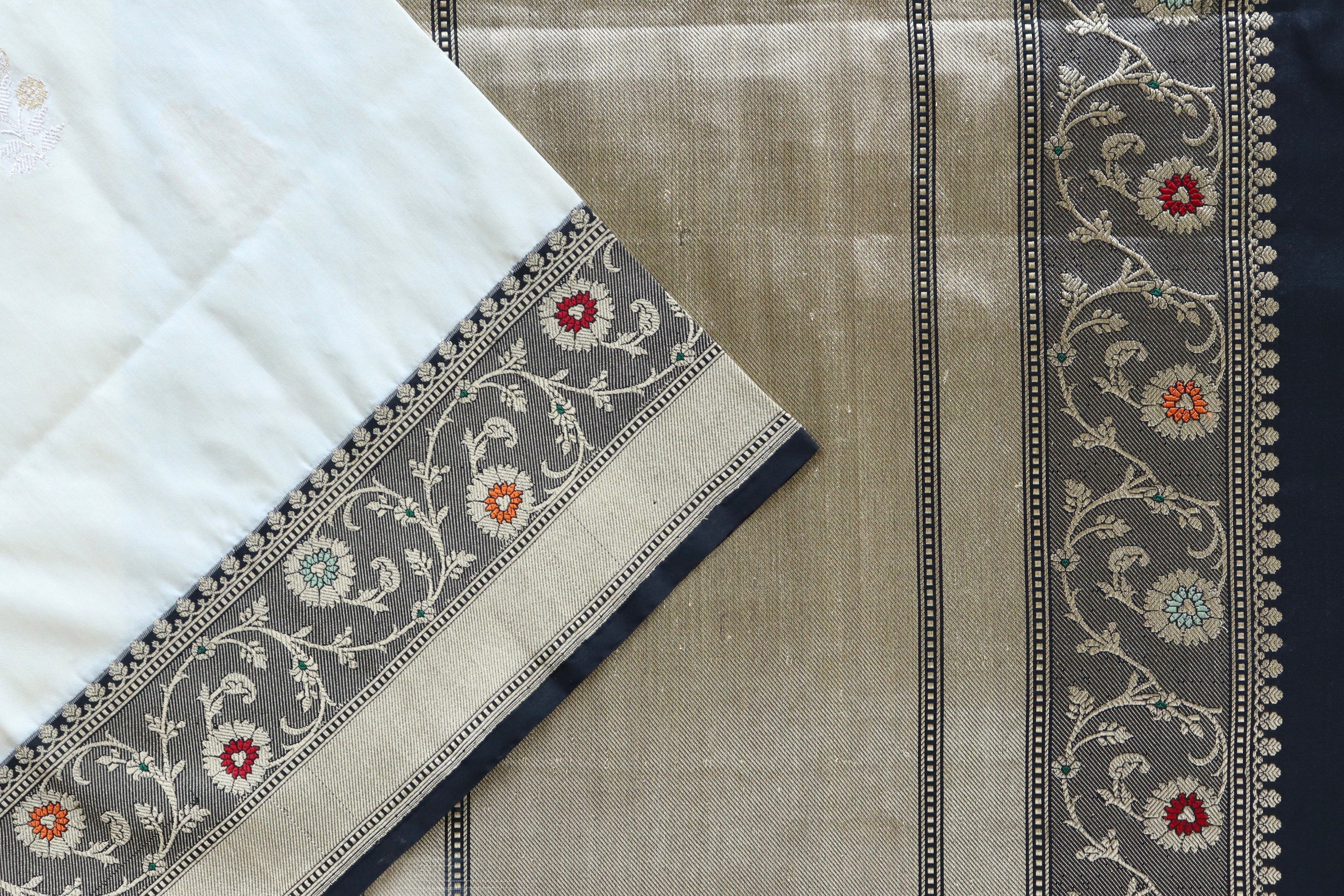 White & Black Kadhua Pure Katan Silk Handloom Banarasi Saree