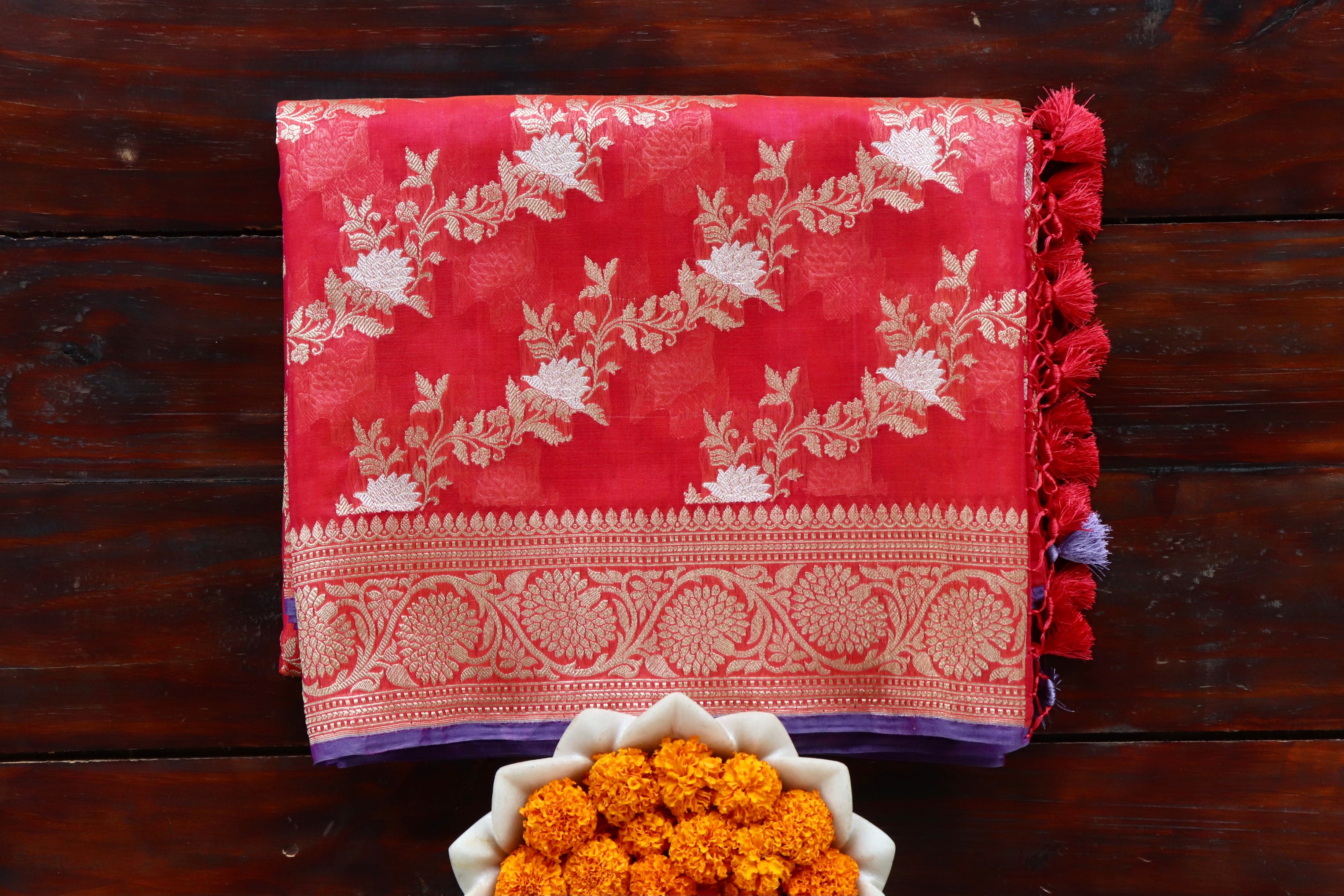 Red Jamal Jangla Pure Kora Silk Handloom Banarasi Saree