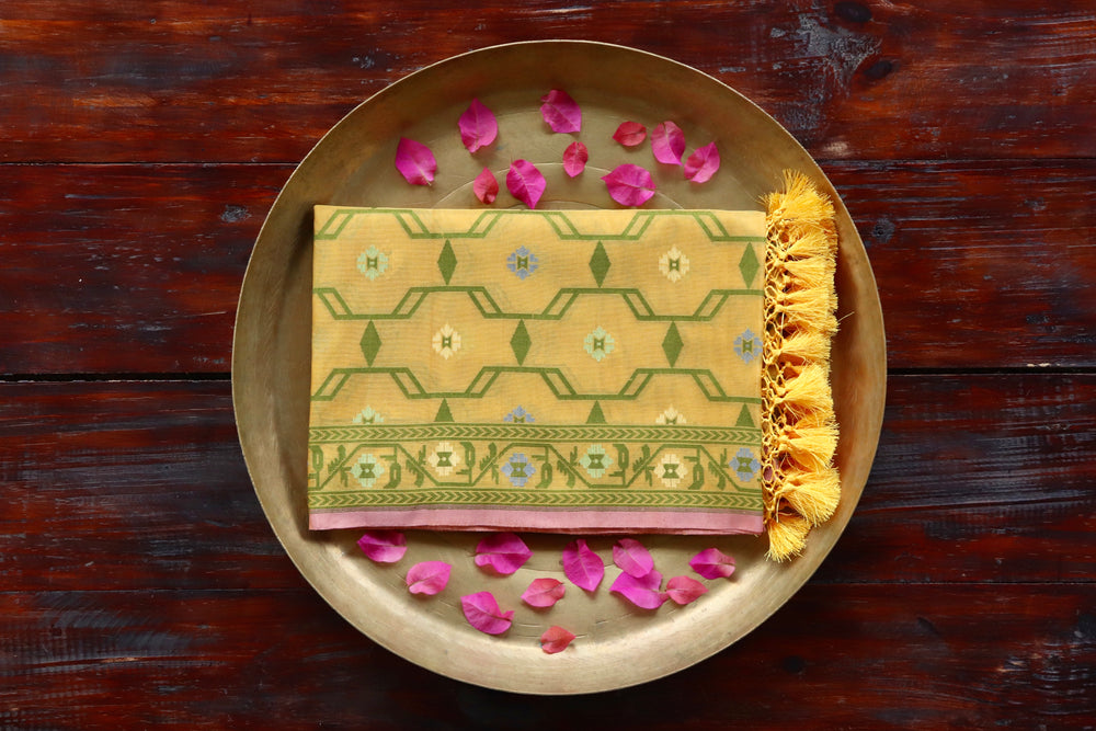 Yellow pure Summer silk Banarasi dupatta with hand-finished cutwork motifs.