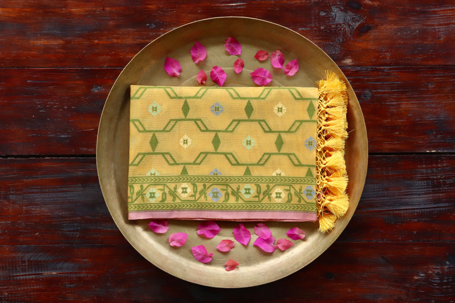 Yellow pure Summer silk Banarasi dupatta with hand-finished cutwork motifs.