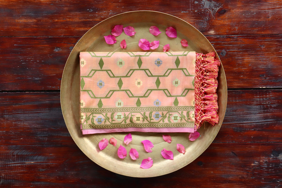 Peach pure Summer silk Banarasi dupatta with hand-finished cutwork motifs.