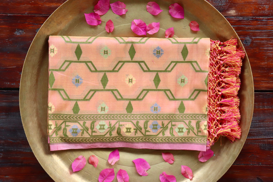 Peach Cutwork Pure Silk Handloom Banarasi Dupatta