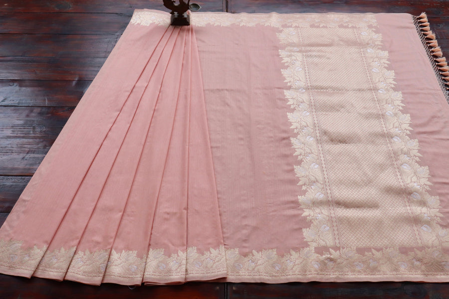 Peachy Pink Sona Rupa Pure Silk By Cotton Handloom Banarasi Saree