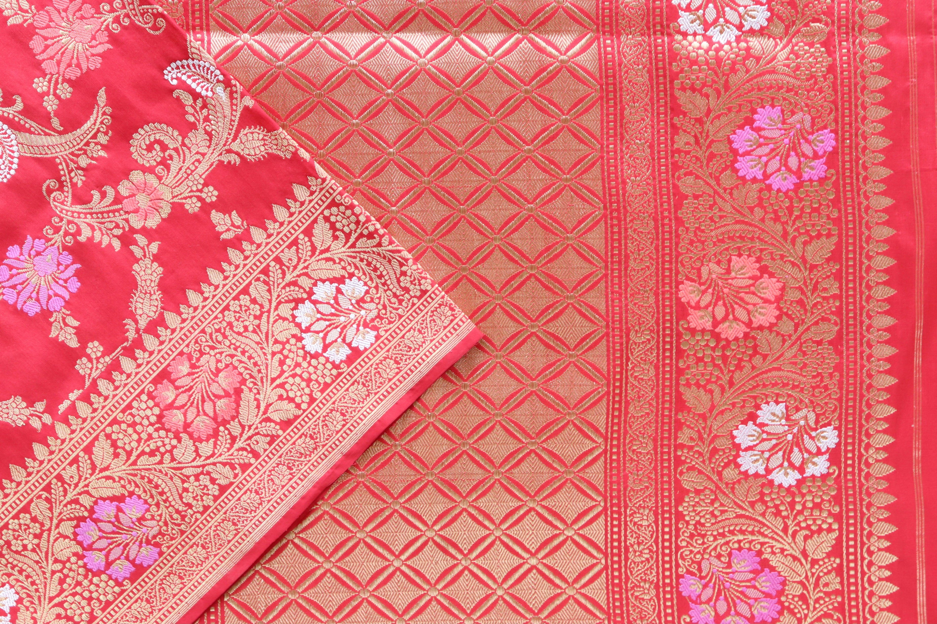 Red Meenadar Jangla Pure Silk Handloom Banarasi Saree