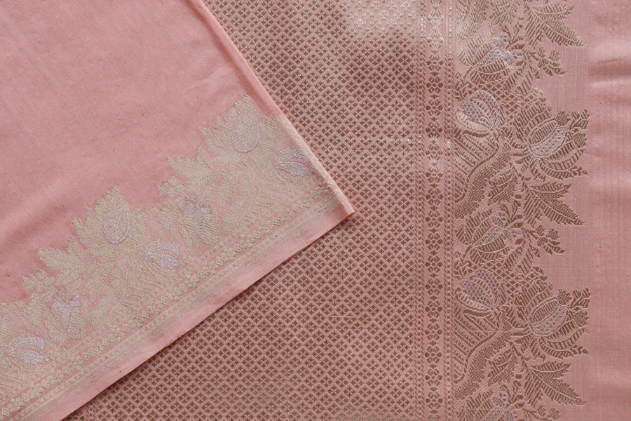 Peachy Pink Sona Rupa Pure Silk By Cotton Handloom Banarasi Saree