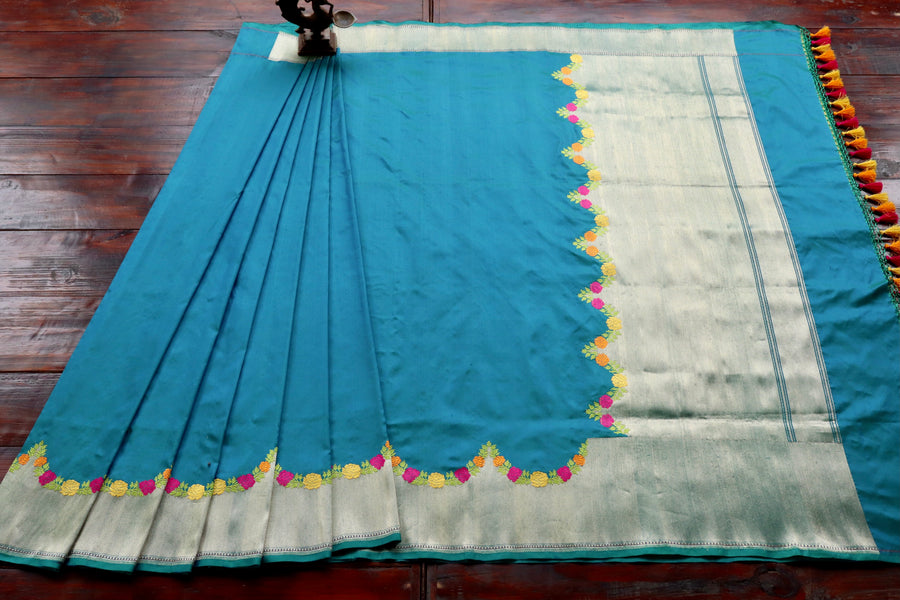 Peacock Blue Floral Border Pure Silk Handloom Banarasi Saree