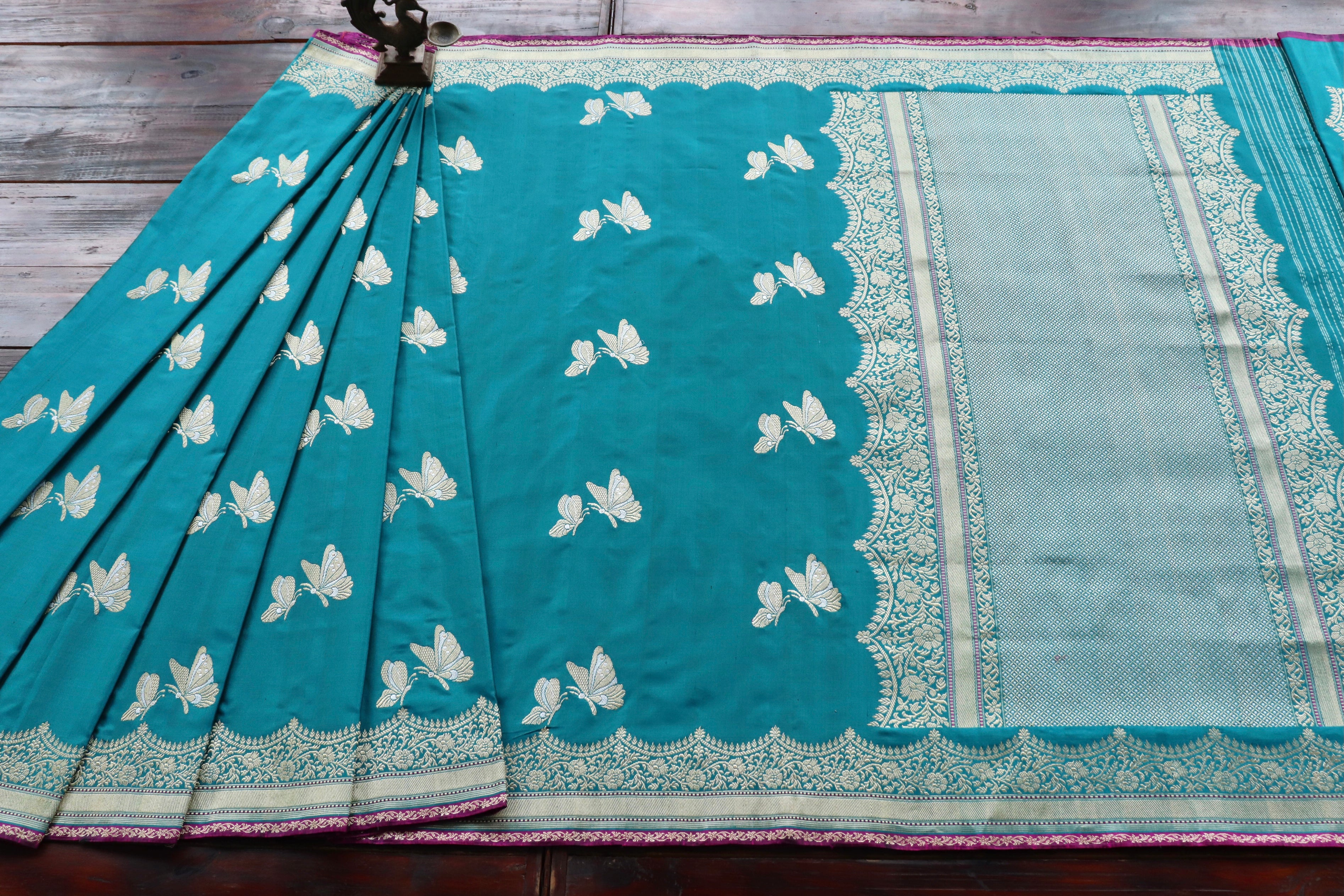Peacock Shade Butterfly Motif Pure Silk Handloom Banarasi Saree