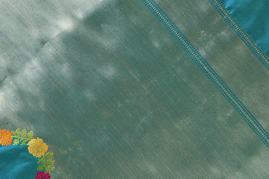 Peacock Blue Floral Border Pure Silk Handloom Banarasi Saree