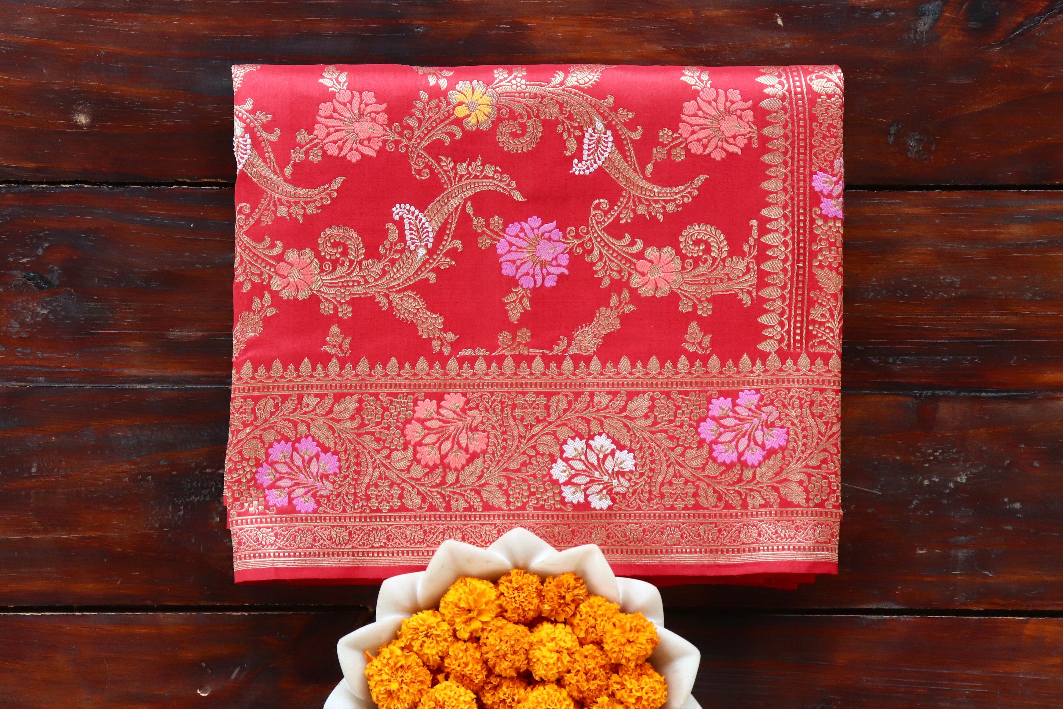 Red Meenadar Jangla Pure Silk Handloom Banarasi Saree