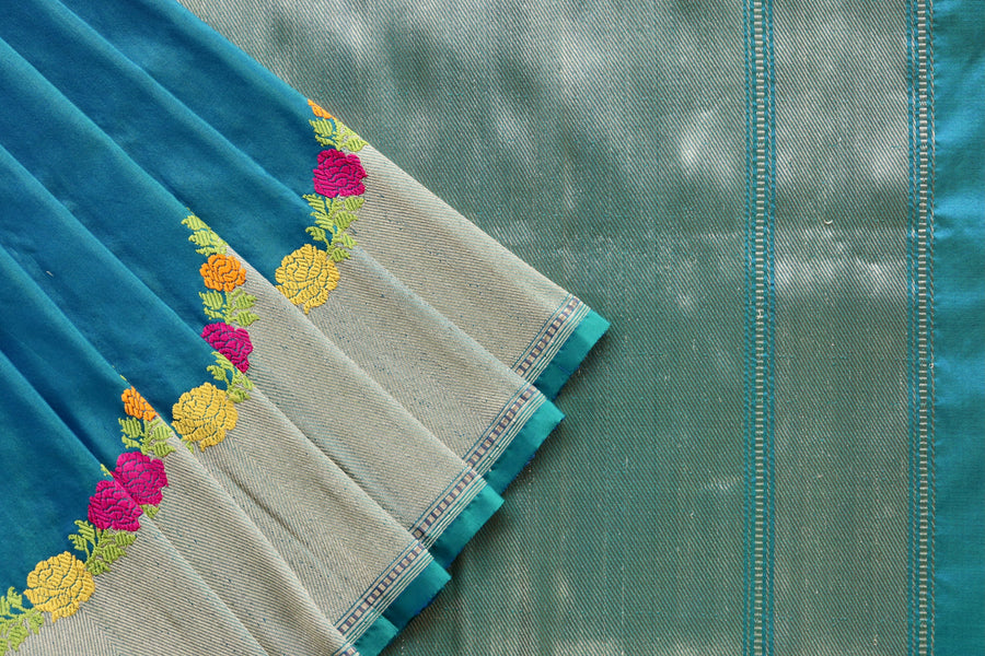 Peacock Blue Floral Border Pure Silk Handloom Banarasi Saree
