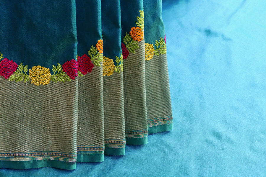 Peacock Blue Floral Border Pure Silk Handloom Banarasi Saree