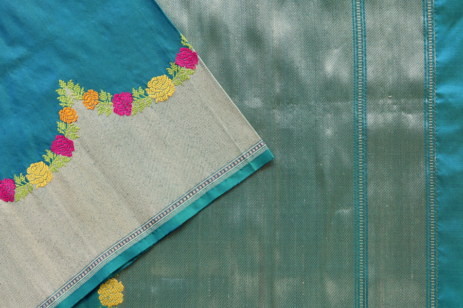 Peacock Blue Floral Border Pure Silk Handloom Banarasi Saree