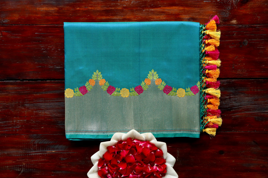 Peacock Blue Floral Border Pure Silk Banarasi Saree | Stuti Weaves