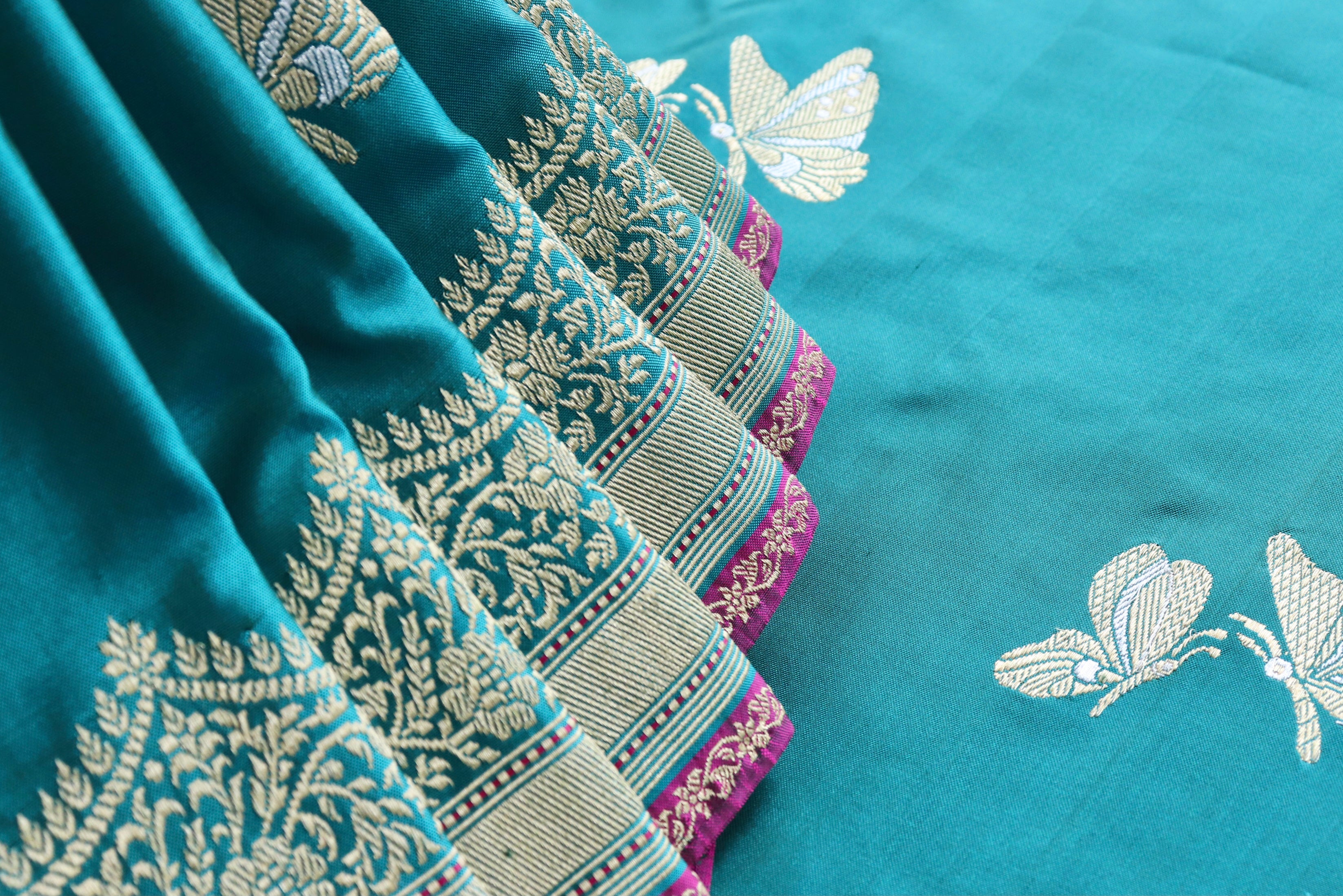Peacock Shade Butterfly Motif Pure Silk Handloom Banarasi Saree